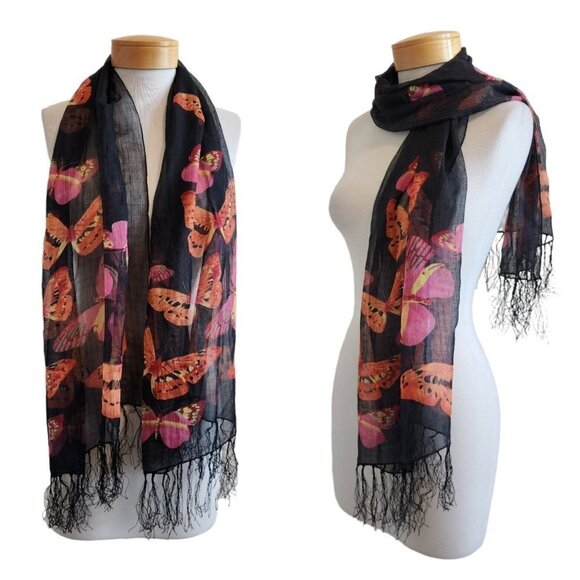 Butterfly Butterflies Print Sheer Lightweight Fringe Novelty Print Scarf Wrap - Picture 1 of 8